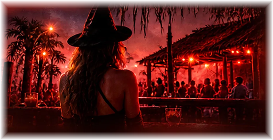 Pessoa fantasiada de bruxa olhando a festa iluminada no mangue