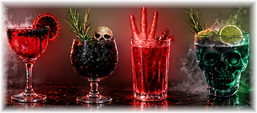 Drinks temáticos vermelhos, escuros e verdes